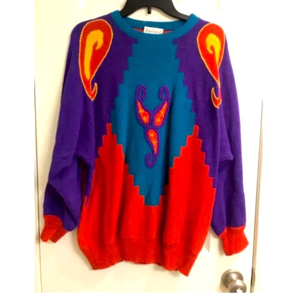 eminent Sweaters - Vintage 80s Wool Angora blend Paisley Colorblock Sweater Sz S colorful funky